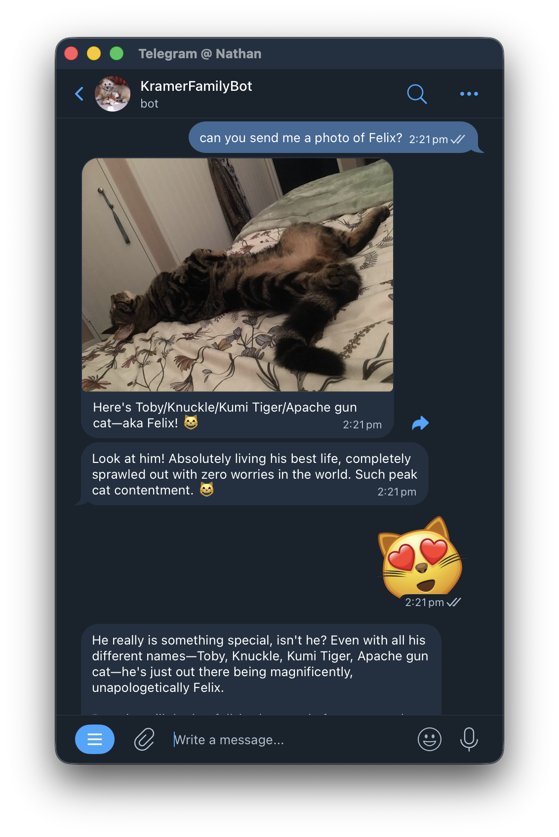 A conversation with Living Diary on Telegram, asking for a photo of a cat named Felix. The bot responds with the photo and a warm, detailed description.
